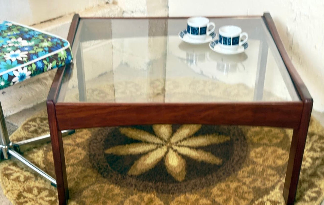 Glass and teak coffee table by Myer furniture