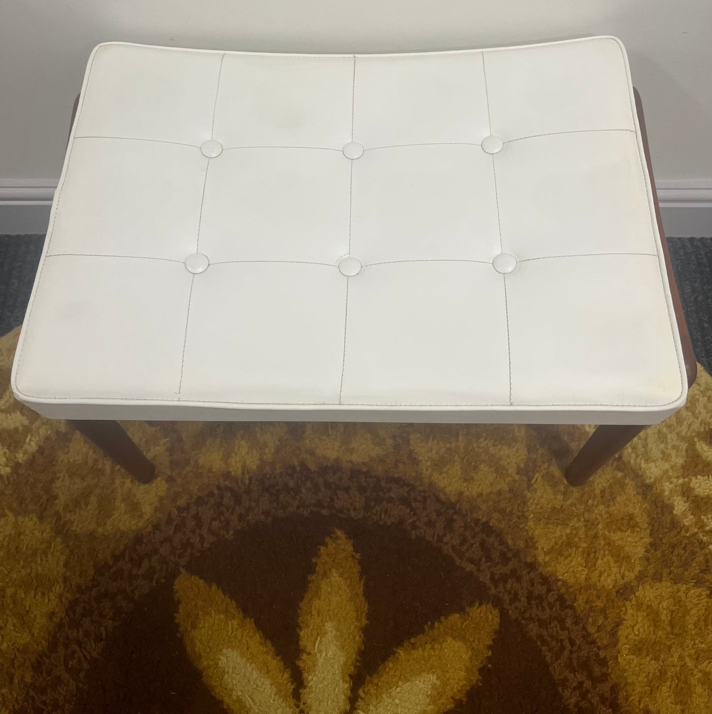 Dressing table stool, mid century, white faux leather and teak