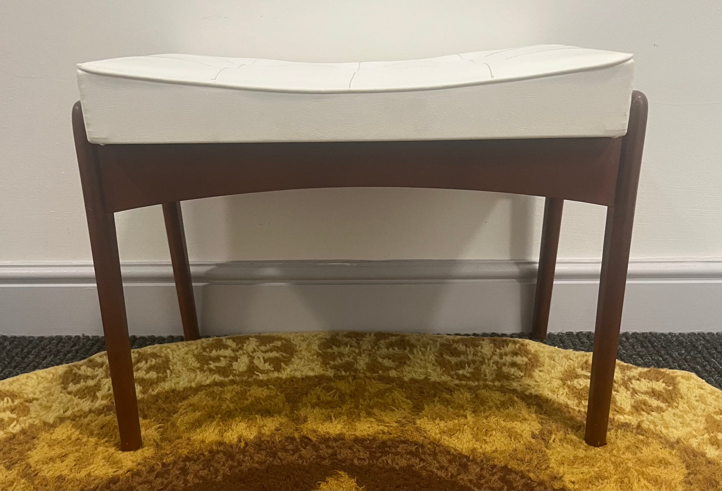 Dressing table stool, mid century, white faux leather and teak