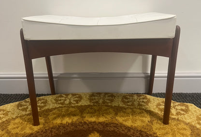 Dressing table stool, mid century, white faux leather and teak