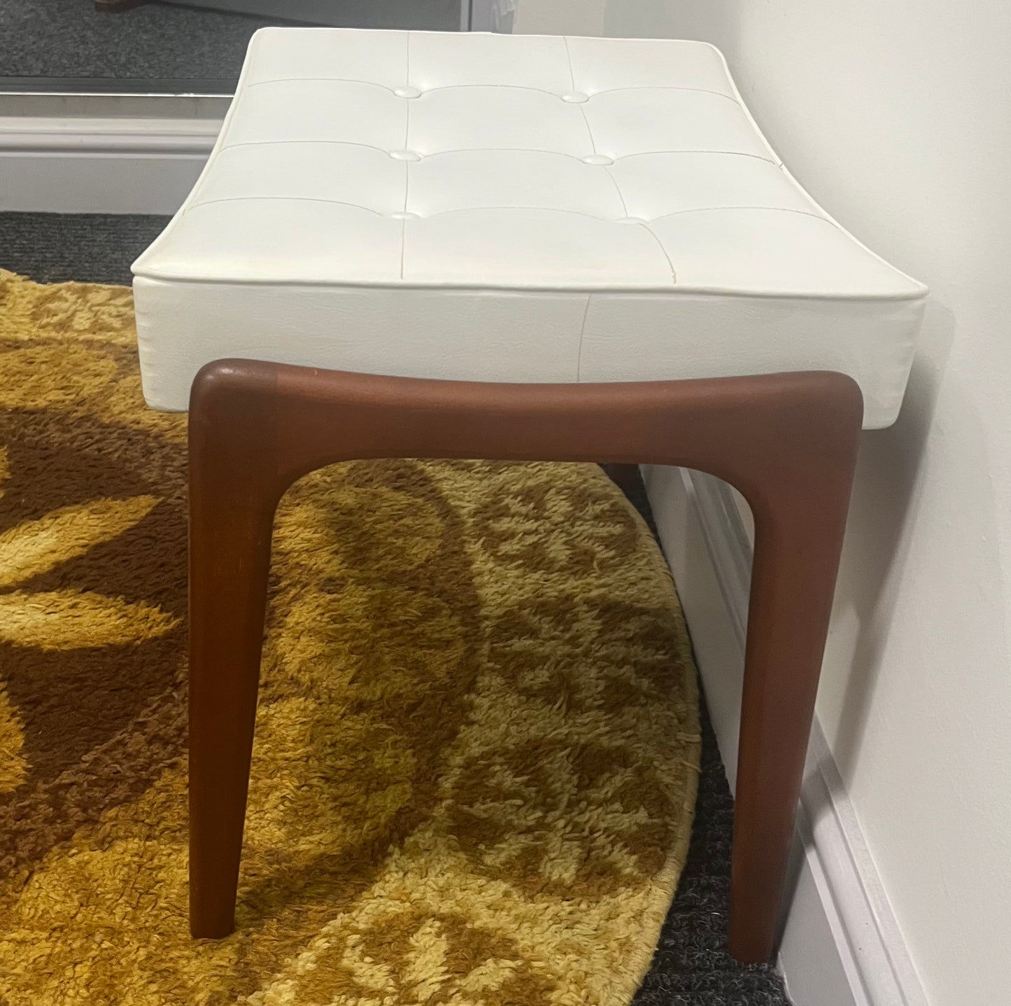 Dressing table stool, mid century, white faux leather and teak