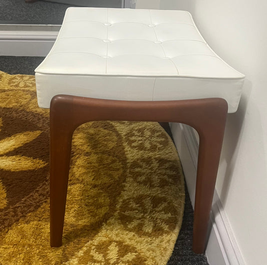 Dressing table stool, mid century, white faux leather and teak