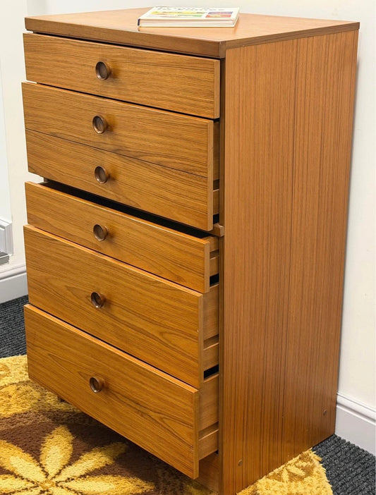 5 Drawer Tallboy by Avalon furniture. Mid century, vintage, retro.