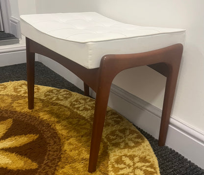 Dressing table stool, mid century, white faux leather and teak