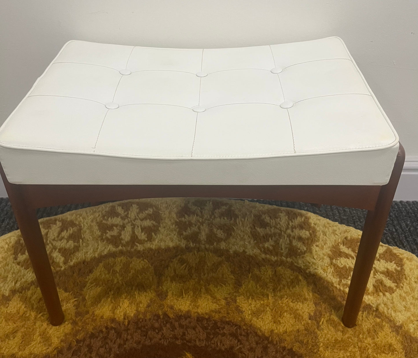 Dressing table stool, mid century, white faux leather and teak