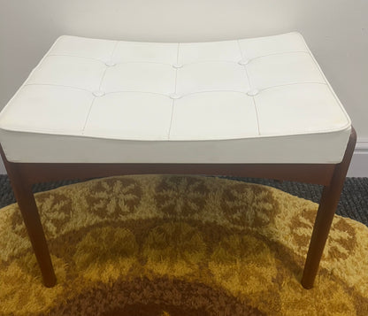 Dressing table stool, mid century, white faux leather and teak