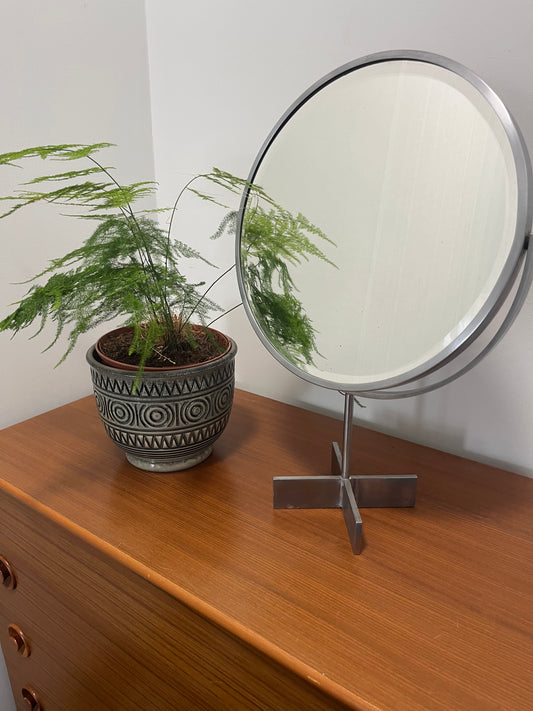 Mid Century pedestal mirror. Vintage, retro, industrial
